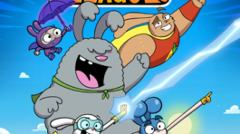 Super Duper Bunny League animated series artwork featuring energetic superhero bunny characters in a vibrant children’s cartoon style, with dynamic action poses and colorful Nickelodeon-inspired animation design.