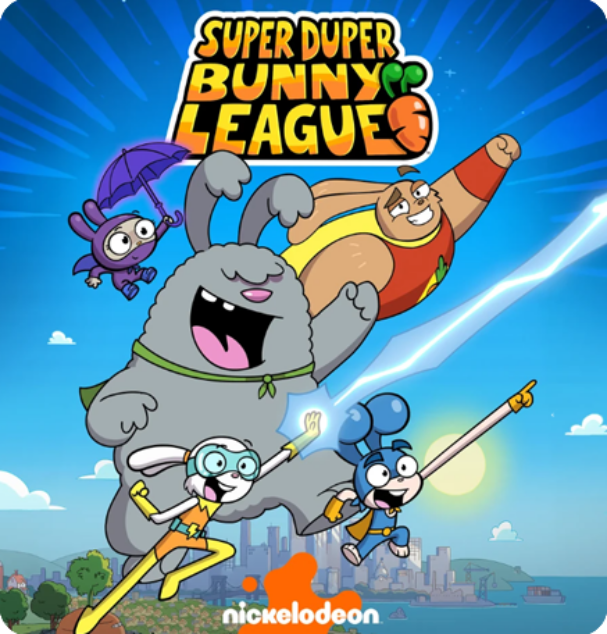 Super Duper Bunny League animated series artwork featuring energetic superhero bunny characters in a vibrant children’s cartoon style, with dynamic action poses and colorful Nickelodeon-inspired animation design.