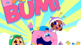 Colorful promotional artwork for Bamba Bum animation featuring four cheerful cartoon characters celebrating under a bright skyburst background, with the bold text ‘BAMBA BUM!’ in large playful letters.