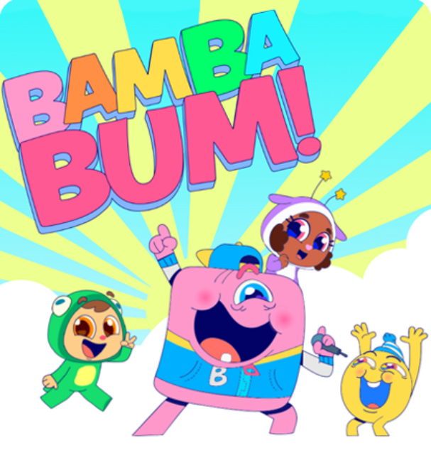 Colorful promotional artwork for Bamba Bum animation featuring four cheerful cartoon characters celebrating under a bright skyburst background, with the bold text ‘BAMBA BUM!’ in large playful letters.